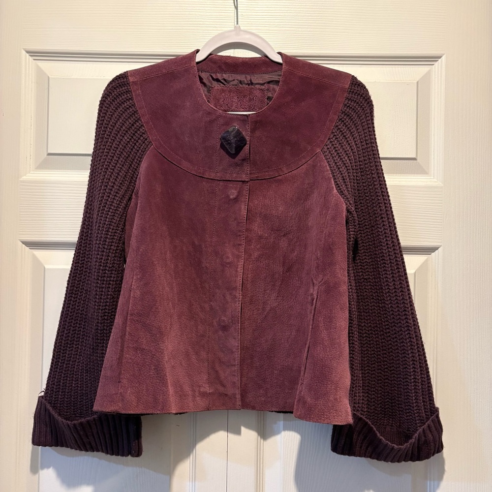 AMI vintage purple suede sweater jacket knit sleeves pockets snap closure sz S
